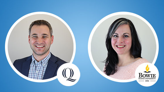 headshot of ben cadwell and rebecca sheehan and the Quinnipiac and Bowie State logos